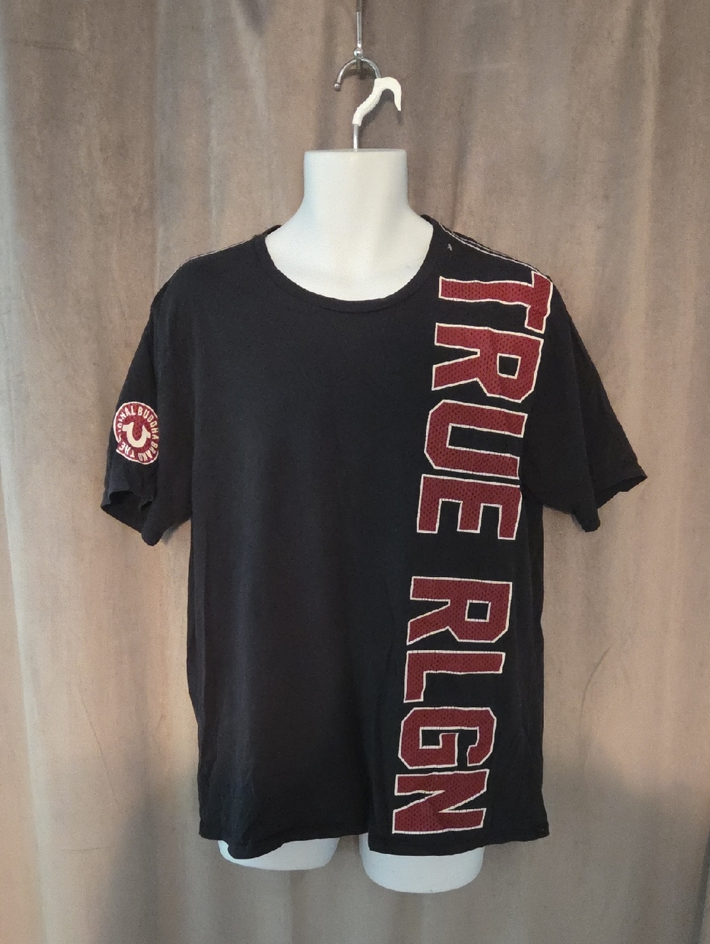 True Religion XL Tee with Maroon Vertical Logo and Sleeve Patch